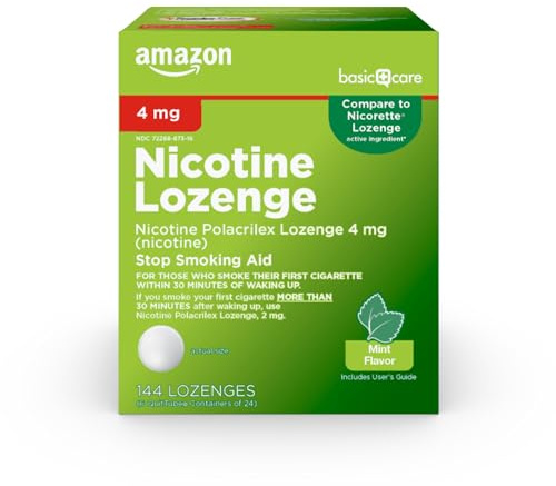 Amazon Basic Care Nicotine Polacrilex Lozenges, 4 mg, Mint Flavor, Stop Smoking Aid, Reduces Cravings, Smoking Cessation, 144 Count