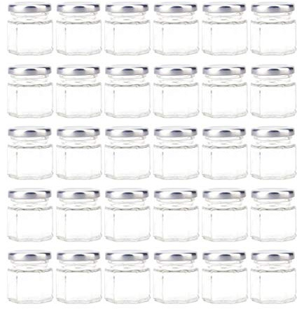 Tebery 30 x mini barattoli di vetro esagonali, con coperchi rivestiti in plastisol argento, per spezie, miele, conserve, regali e artigianato, 45 ml