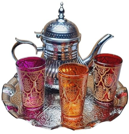 Juegos DE TÉ MARROQUIES KENTA ARTESANIAS : Bandeja 25 CM + 3 Vasos + Tetera DE Acero 0.80L