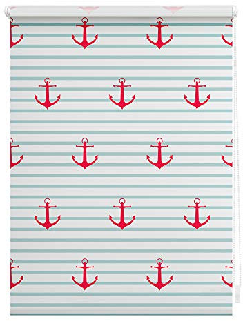 Lichtblick Klemmfix Verdunklungs-Rollo mit Motiv, ohne Bohren, Blickdicht, Seitenzugrollo, Made in Germany, Anker gestreift - Türkis Rot 100 cm x 150 cm (B x L)