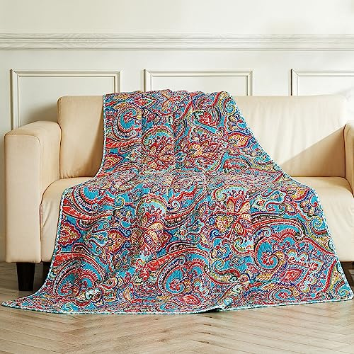 Qucover Single Quilted Bedspreads Lightweight Microfiber Cotton Paisley Bed Spred Single Blue Red Floral Pattern Quilted Sofa Throws 150x200 cm