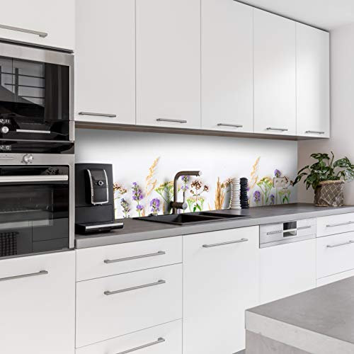 Dedeco köksbakvägg motiv: Blommor V2, 3 mm akrylglas som stänkskydd för köksväggen, väggskydd, dekorativ vägg vattentät, 3D-effekt, alla underlag, 220 x 60 cm