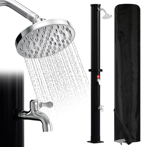 Jiubiaz Solardusche 20Liter Solar Gartendusche Schwarz mit Regenduschkopf und Wasserhahn Gartenschlauch-Anschluss ohne Stromanschluss Pooldusche Camping inkl. Montagematerial