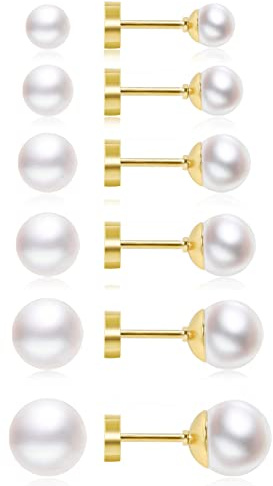 Dainty Flat Back Earrings for Women, 6 Pairs Flatback Pearl Earrings in 14K Gold Silver 3-8MM Stud Earring Sets for Multiple Piercing Hypoallergenic (14K Gold - 3mm/4mm/5mm/6mm/7mm/8mm Pearl Earrings)