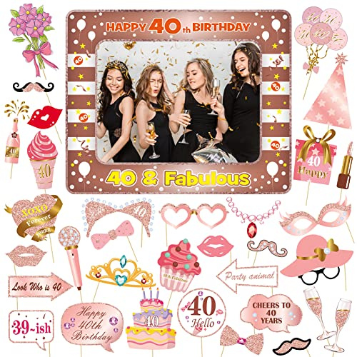 40th Birthday Gifts for Women, VEGCOO 33 Pcs Rose Gold 40th Decoration Photo Booth Props for Her, Inflatable Photo Booth Frame 40th Birthday Decorations for Women