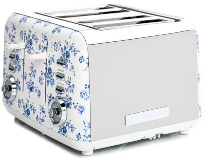 Laura Ashley China Rose 4 Slice Toaster with Wide Slots & Warming Rack - Easy to Use Multi Functional Bread Toaster 4 Slice with Dual Controls, High Lift Lever, 7 Browning Levels, Defrost & Reheat