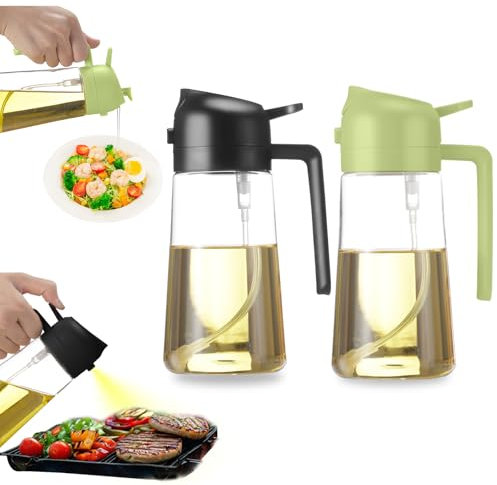 2-in-1 Oil Dispenser and Sprayer, Kitchen Gadgets, Olive Oil Dispenser Bottle with Anti-Drip Spout, Oil Sprayer, For Salads, Air Fryer, Frying, Barbecu Black+Green 470M (2PCS)