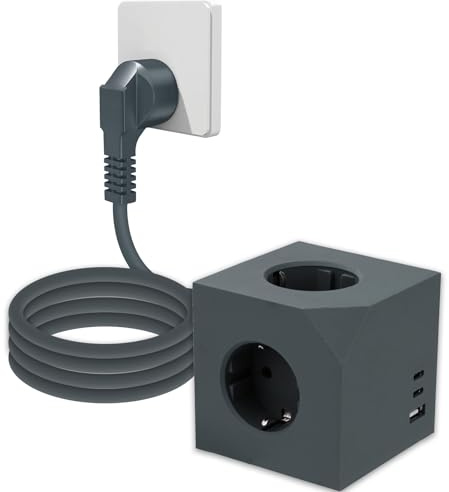 DEWIN Mehrfachsteckdose Würfel, 3-Fach Steckdosenwürfel mit USB und USB C Steckdosen Würfel Mehrfachsteckdose Cube 1,5 m Kabel für Hause, Reise und Büro, Grau