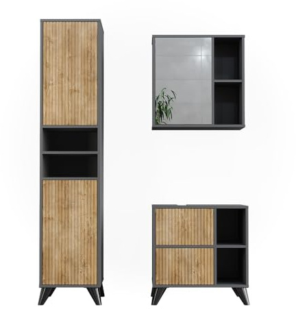 Vicco Ensemble de Meubles de Salle de Bains Leano, Anthracite/Chêne de Montagne, 3 pièces