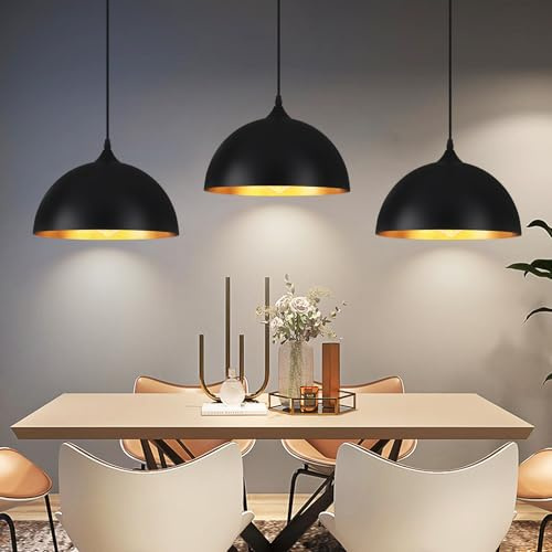 3 Pack Pendant Light Black and Gold Industrial Lights for Kitchen Island | Height Adjustable Cable fits Dining Room, Hallway, Bar, E27 Socket, MAX 60W, 220V, Durable Metal Fixture, Quick Installation