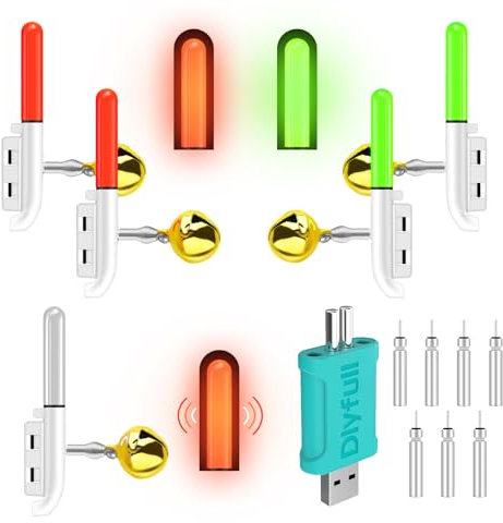 Lot de 5 détecteurs de touche LED pour la pêche - Veilleuse étanche pour canne à pêche avec bâtons lumineux et clochette - Détecteur de touche avec chargeur et batterie pour la pêche de nuit