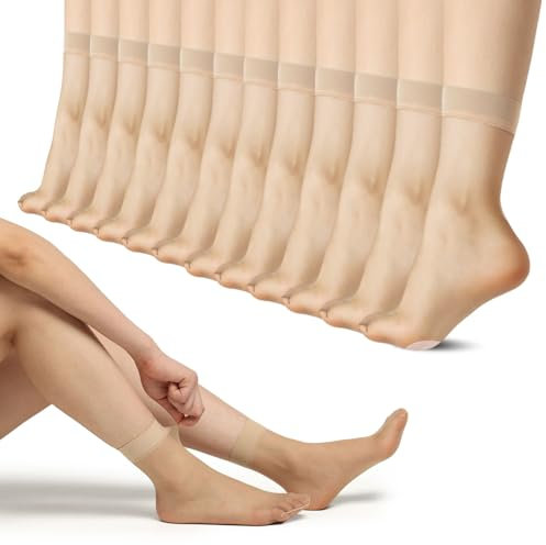 12 Paar Durchsichtig Damen Nylon Dünn Socken Nylonstrümpfe Damen Nylon Socken Söckchen Seidenfein Baumwolle Sohle 20 DEN Transparente Feinsöckchen Womens Sheer Ankle Socks mit Verstärkten Zehen