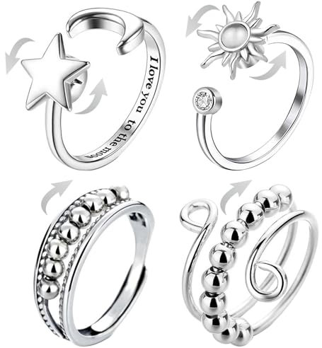 Ångesträng fidget-spinning ringar mood ring 4 stycken anti-stressringar justerbara stämningsringar, roterande stjärna mån-solringar, avslappningspärlor lugnande ringar, presenter till kvinnor och män
