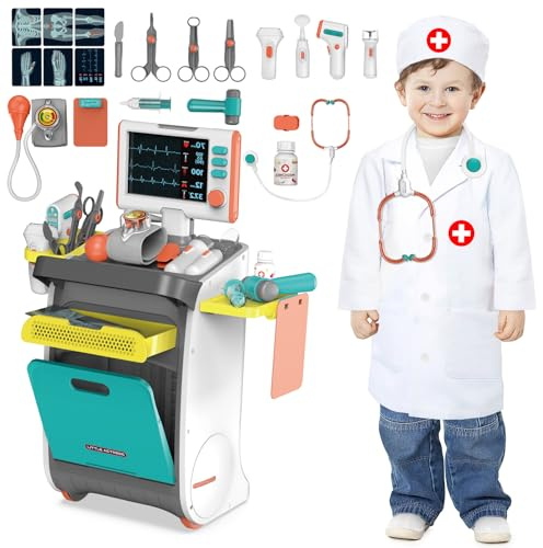deAO Juego De Doctor para Niños con Bata De Médico y Estetoscopio, Juguetes De Medicos con Luces y Sonido, Maletin Medicos Juguete, Juego De Roles Juguetes Niñas y Niños 3+Años（Azul）