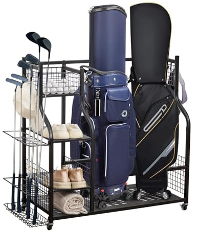 WestWood Golf Storage Rack Extra Large Metal Golf Bag Stand Holder All-in-1 Golf Club Organiser W/Lockable Wheels Hanging Hooks for Garage, Home, Golfhouse Black