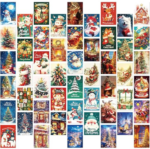 KIRZAX 50 Piezas Tarjetas Postales de Navidad, Tarjetas Regalo Navidad, Vintage Navidad Tarjeta de Felicitación,Postales de Papel Kraft Tarjetas de Navidad para Navidad y Año Nuevo