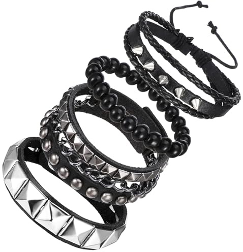 4 Stück Nietenarmband Herren Punk Bracelet Punk Armband Damen Nieten Armband Männer Studded Bracelet Besetztes Lederarmband Schwarz Rock Gothic Armbänder Schmuck Mit Spikes für Weihnachten Konzert