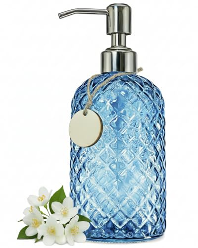 Gem Patterned Glass Soap Dispenser for Kitchen, 18Oz Refillable Hand soap Dispenser with Rust Proof Stainless Steel Pump, Clear Soap Dispenser Bathroom for Dish Soap, Hand soap, Lotion(Blue)