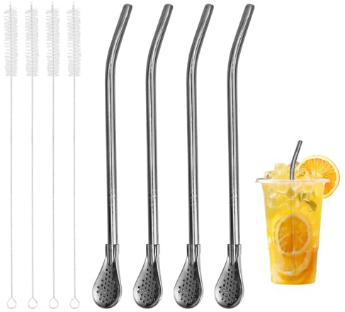 4 Piezas Cuchara de Filtro de Paja de Acero Inoxidable Extraíble, Cuchara de Paja de Metal Reutilizable con 4 Cepillos de Limpieza para Beber Té Suelto, Café Helado