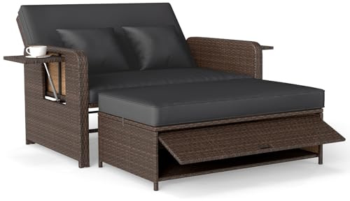 COSTWAY Sofa Exterior de Ratán con Reposapiés de Almacenamiento, 2 Plazas Tumbona Acolchado con Respaldo Ajustable de 4 Nivelesy Mesas Auxiliares Plegables para Jardín y Piscina (Negro)