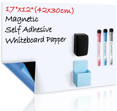 CUHIOY Lavagna Magnetica Bianca a Secco Autoadesiva in Formato A3 con Nuova Tecnologia Antimacchia, Perfetta per il Frigorifero per Lista Spesa e Bacheca per Ufficio, 3 Penne