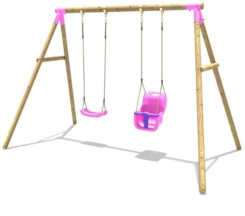 Rebo® Children's Wooden Garden Swing Set - Luna Pink | OutdoorToys | Pressure Treated Timber, Soft Feel Ropes, Baby Swing Seat, Sturdy Construction for Kids