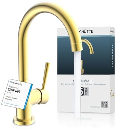 SCHÜTTE 79167 Küchenarmatur Cornwall, 360 Grad schwenkbarer Wasserhahn Küche, Mischbatterie für die Spüle mit Einhebelmischer, Spültischarmatur Küchenspüle, Gold