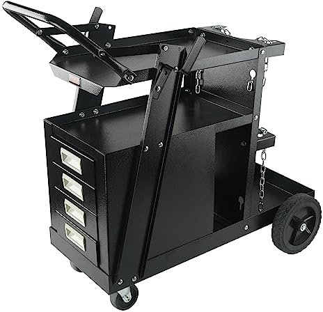 VEVOR Chariot de Soudage à 2 Niveaux Chariot Poste à Souder 4 Tiroirs Charge 120 kg Roues 360° Chaînes Sécurité Stockage Réservoirs Chariot de Soudure MIG à Roulettes pour Atelier Découpeur Plasma