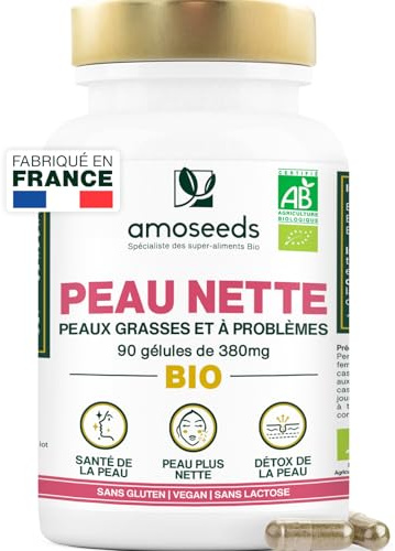 Peau Nette BIO | Peaux Grasses et à Problèmes | Régule la production de Sébum | Détoxifie et Purifie | Bardane, Pensée Sauvage, Ortie | 60 gélules de 380mg | Fabriqué en France | Qualité Supérieure