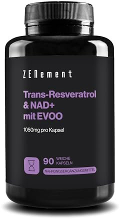Trans-Resveratrolo & NAD+ con Olio Extravergine di Oliva, 1055 mg per Softgel, Alto Assorbimento e Formula Sinergica, 90 Softgel per 3 Mesi, Anti-invecchiamento, Attivatore delle Sirtuine - Zenement