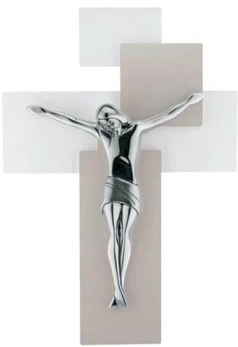 PuntoCasaStore Crocifisso da Parete Design Moderno 27x19cm Legno Nocciola Cristo Argentato Alta qualità - Made in Italy BOMBONIERA Idea Regalo Decorazione COMPLEMENTI ARREDO