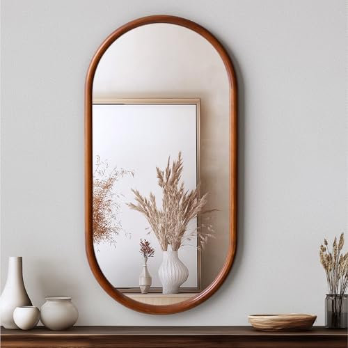 Navaris Wooden Oval Mirror Long Oval Wall Mirror - Large Round Wall Mirrors for Hallway Bedroom Living Room or Bathroom - Versatile Hanging - Trendy Wall Mirror