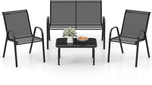 GOPLUS Juego de Muebles de jardín de 4 Piezas, Incluye 2 sillas de jardín Individuales, 1 Silla de Exterior Doble y 1 Mesa de café, Juego de Muebles de balcón, sofá para terraza (Gris)