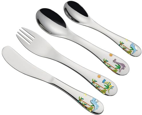 cilio Kinderbesteck DINO | 4-teilig | Rostfreier Edelstahl | Ergonomische Form | Kindermesser 21 cm, Kindergabel 21 cm, Kinderlöffel 20 cm, kleiner Löffel 17 cm | Dinomotive eingraviert