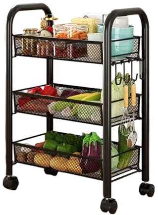 3/4/5 Etagen Aufbewahrungswagen auf 360-Grad-Rädern Küche Obst Gemüse Aufbewahrungskorb Wohnzimmer Snacks Spielzeug Mesh Rollwagen Badezimmer Umzug Freistehender Aufbewahrungswagen (A01_Schwarz,