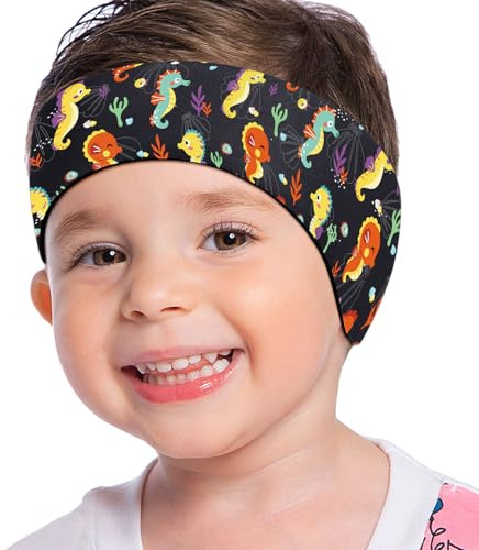 MoKo Bandeau de natation protecteur des oreilles, bandeau imperméable réglable élastique pour maintenir les bouchons d'oreille, en néoprène pour enfants, taille S, hippocampe noir