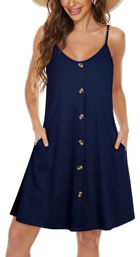 florynova Women Summer Dresses Spaghetti Strap Sundress Sleeveless V Neck Beach Dress with Pockets(Navy Blue,L)