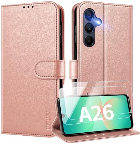 UITUIM Cover per Samsung Galaxy A26 5G Custodia con 2 Vetro Temperato Pellicola a Libro Portafoglio in Pelle Porta Carte Case Protettiva Cover,Oro Rosa