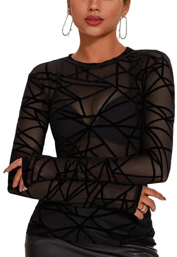 IECCP Top da Donna Sexy in Rete, Maglia Trasparente, Top Nero in Rete, Top a Maniche Lunghe Sheer, Top Casual, Blusa Sheer, T-Shirt in Tulle e Rete, Tunika, Abbigliamento per Club, Festa, Uscita