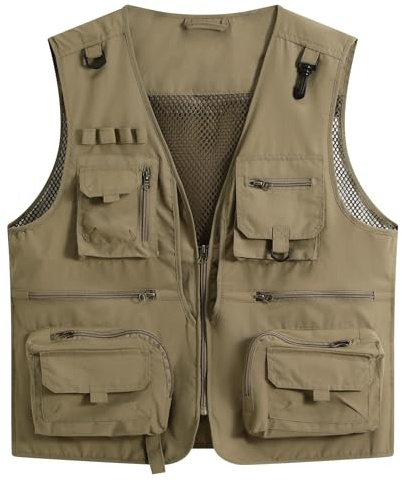 YOUTHUP Gilet Multifonction Homme avec Multi-poches Veste Utilitaire Léger pour Pêche Randonnée Safari Photographie Voyage, Kaki, M