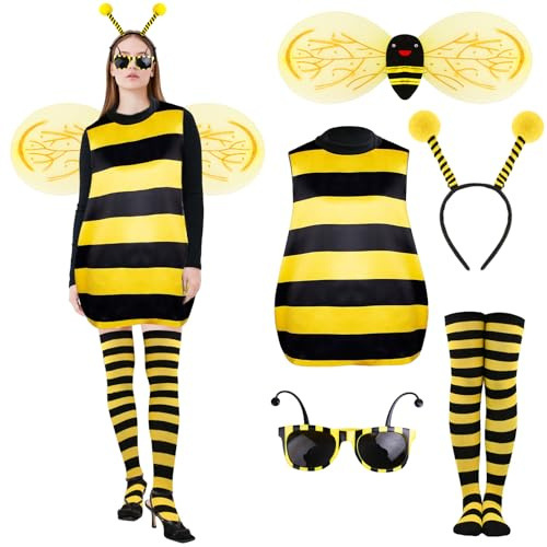 6Pcs Bee Costume Set for Adults, Women Carnival Outfit, Women Bee Cosplay Costume Set Fancy Dress with Wings Sunglasses Antenna Headband Leg Sleeves for Wo-men Halloween Party Cosplay Dress Up