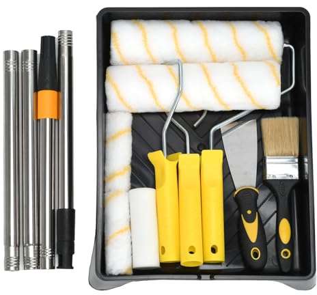 Set di 13 rulli colorati – 23 cm & 10 cm rullo in microfibra, vaschetta di colore, pennello, estrattore e asta di estensione (fino a 1,2 m) – Ideale per pareti, soffitti, mobili – Risultato senza