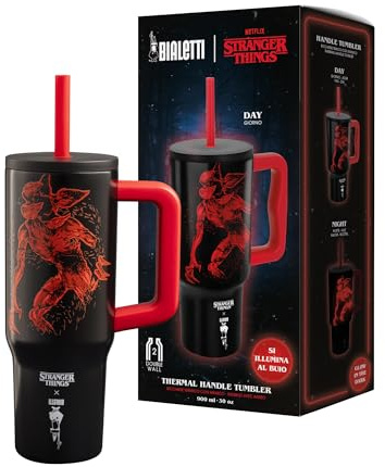 Bialetti Tumbler Termico con Manico Stranger Things, Tappo con Cannuccia, si illumina al buio, perfetta tenuta della temperetura, no Lavastoviglie, 900 ml