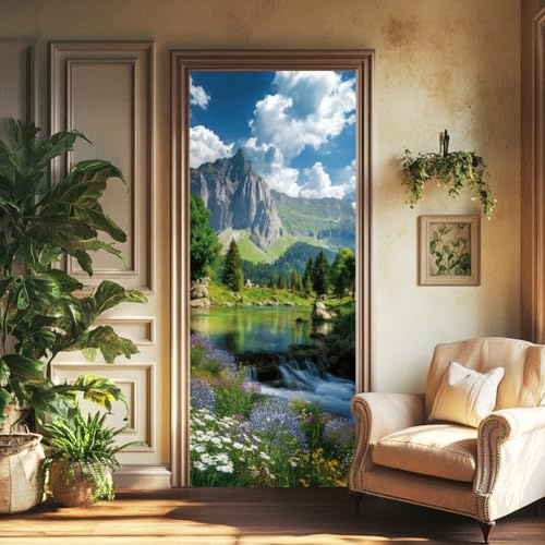 arricraft 2 Sheets Self-Adhesive Door Sticker, 80cmx200cm/31.5x78.7inch Green Forest Mountain Lake Door Murals Stickers PVC Removable Wallpaper Decoration for Bedrooms ​Living Room
