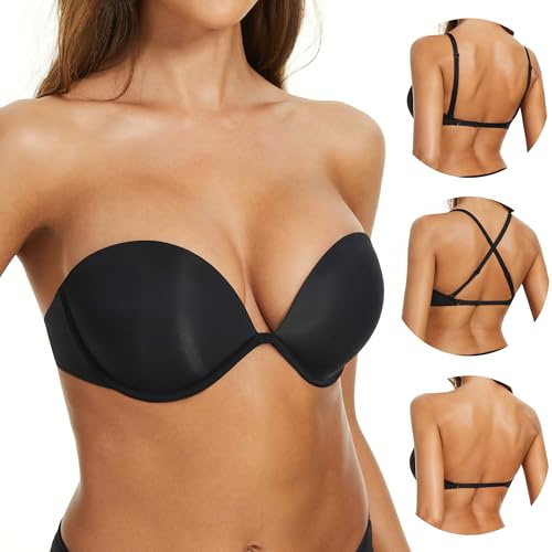 Femme Soutien-Gorge sans Bretelles Push-Up Antidérapant Invisible à Armatures Dos Nu Multi-Positions Rembourré Plongeant (Black, 90D)