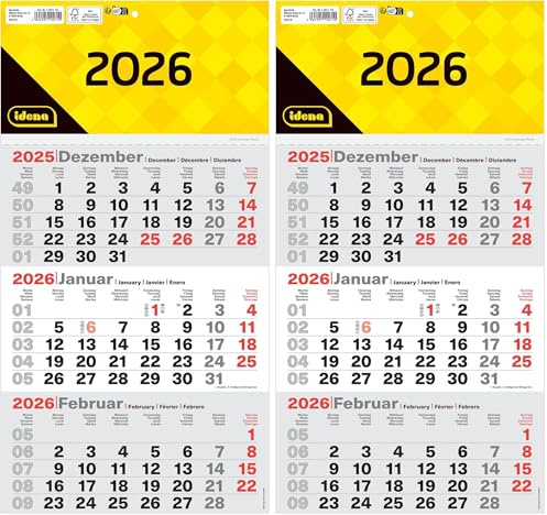 Idena 12071 - Calendrier 3 mois 2026 de 24 x 45 cm, calendrier mural avec curseur, calendrier de bureau en 4 langues avec comptage des semaines (Lot de 2)