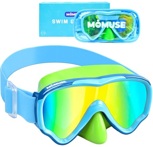 MOMUSE Kids Swim Goggles with Soft Fabric Strap, Diving Mask with 3D No-Leak Nose Cover, Anti-Fog & UV Protection Mirrored Shatterproof Lens, Swimming Goggles for Toddler/Youth Boys Girls 3-14
