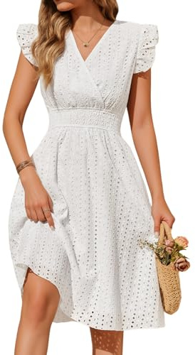PASUDA Robe Femme Été Chic et Elegant Robes D'été Coton Col V Manches à Volants A-Line Midi Robe Courte Taille Haute Élastiquée Robe de Plage Boheme Casual Décontracté avec Poches (Blanc, XXL)