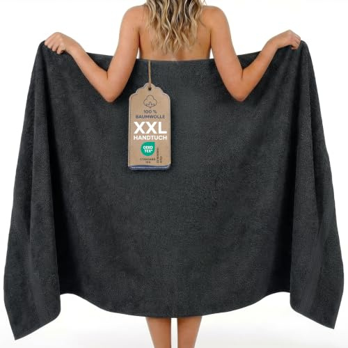 Twinzen stor badhandduk 100x200 cm - 200x100 badlakan i 100% bomull, absorberande och mjukt, med upphängningsögla, OEKO-TEX-certifierad, antracit