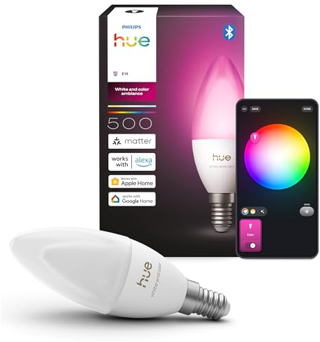 Philips Hue Smart LED-lampa Kronljus, B39, E14, 1-pack, White and Color Ambiance, Fullspektrumsljus 1 000–20 000 K, 500 lm, Ultralåg Dimring, Chromasync, Alexa, Google Home, Apple Home